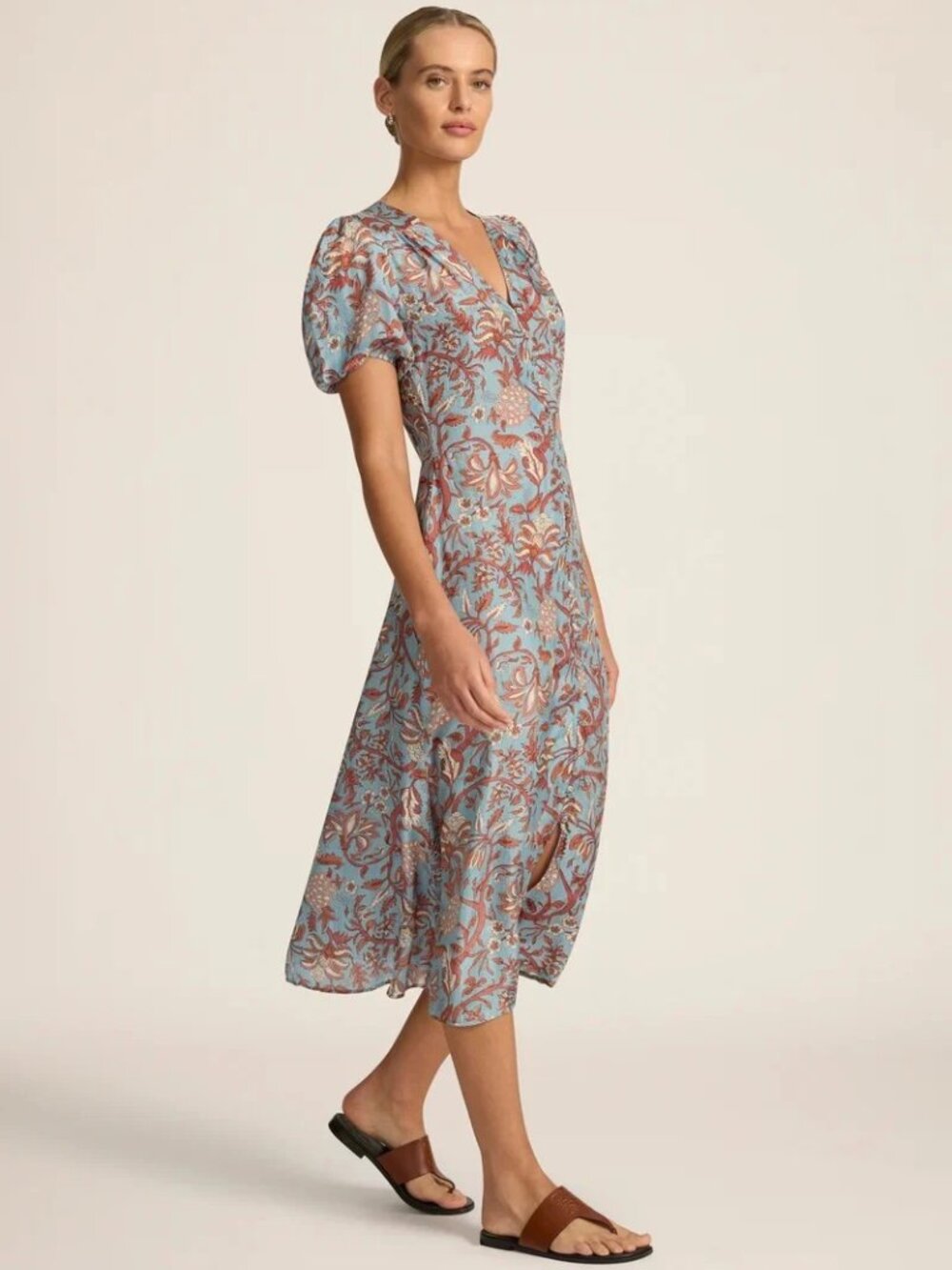 NWT Hannah Artwear Olivia Button Front Silk Midi Dress in Fernando Sky size 1/S - Picture 4 of 6